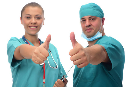 医生和护士在白色背景下竖起大拇指
