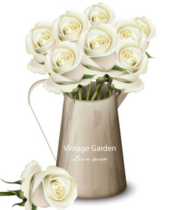 白色玫瑰复古花束向量现实。花在锅里的花束。3d 详细插图