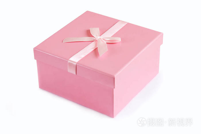 粉红色礼品盒带丝带蝴蝶结隔离在白色背景上