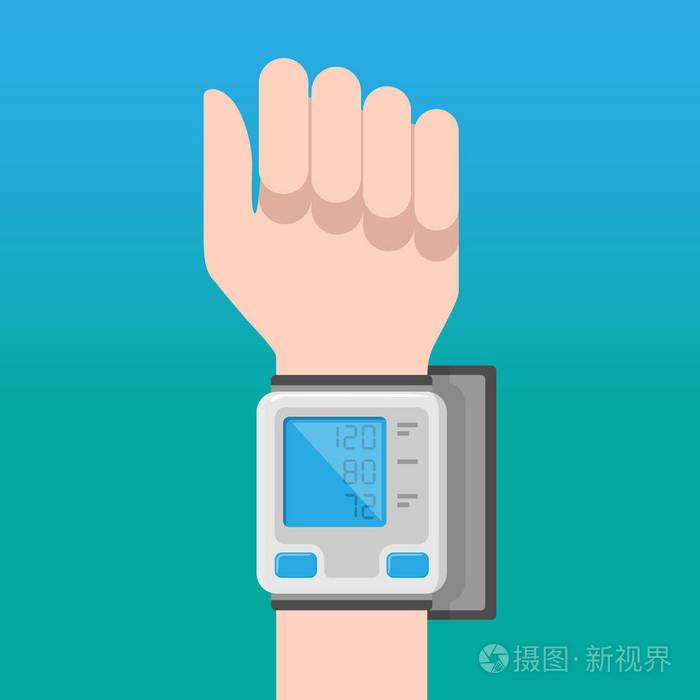 数字血压监视器在手的手腕上的蓝色背景.矢量插图