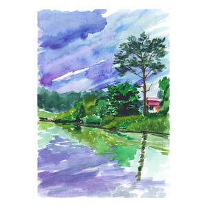 池塘里有一座木屋和树木的水彩景观。