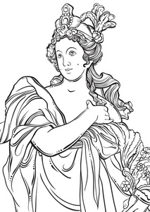 希腊女神的线型。伟大的模板着色书籍页面。古典主义.古希腊。神话和传说。分离黑白矢量图稿