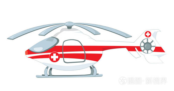 一幅矢量漫画,代表一架红白相间的医疗直升机,上面有救援十字站在地上