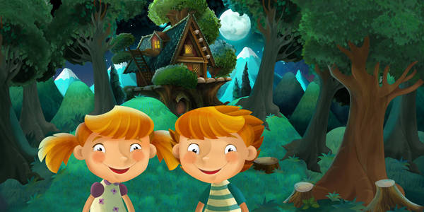 卡通场景，男孩和女孩兄妹在森林里休息，附近有可爱的木屋，为孩子们提供插图