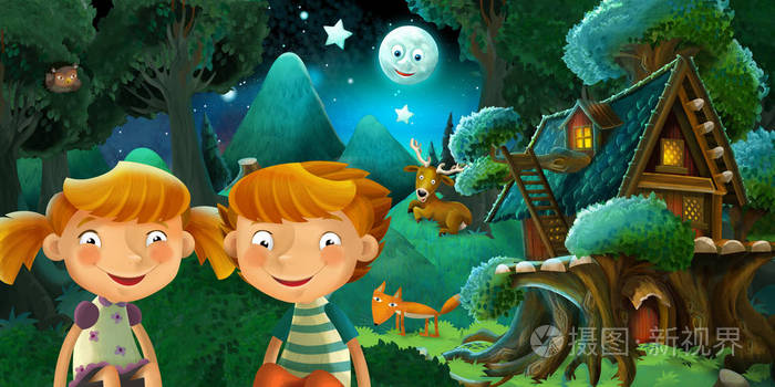 卡通场景男孩和女孩兄妹在森林里休息附近有可爱的木屋为孩子们提供