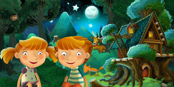 童话故事里的插图卡通场景,男孩和女孩兄妹在森林里休息,附近有可爱的