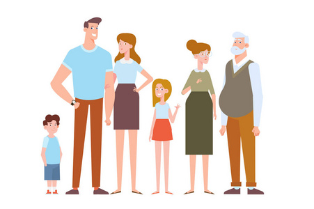 家庭角色爸爸妈妈孩子爷爷奶奶. 平面矢量插图隔离在白色上.照片