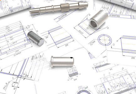 机械零件图纸。设计文档。图纸和金属零件。轴, 小齿轮, 套管和纸图纸。3d 渲染。项目