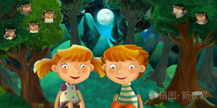 卡通场景男孩和女孩兄妹在森林里休息附近有可爱的木屋为孩子们提供