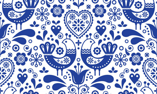 斯堪的纳维亚无缝民间艺术图案与鸟类和花卉北欧花卉设计复古背景的深蓝色。
