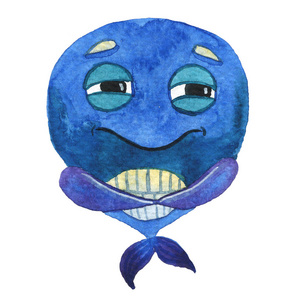 水彩画狡猾的蓝鲸眯着眼睛