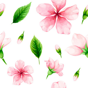 樱桃花。粉红色鲜花和绿色假期的无缝模式