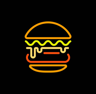 汉堡抽象大纲矢量徽标模板, 快餐隔离线艺术程式化图标, 白色背景不