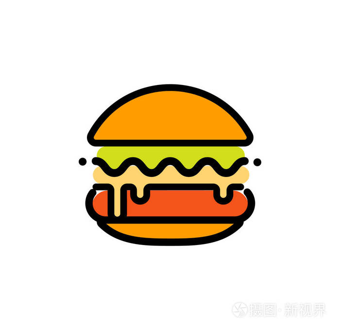 汉堡抽象大纲矢量徽标模板, 快餐隔离线艺术程式化图标, 白色背景不