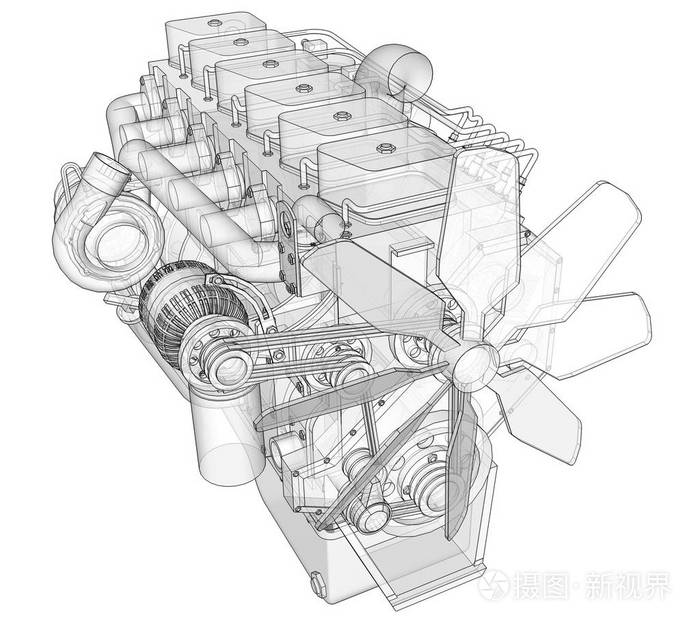 一个大的柴油发动机与卡车描绘在轮廓线上的图表纸.