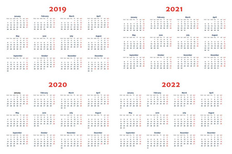 在透明背景下的2019-2022 年日历照片