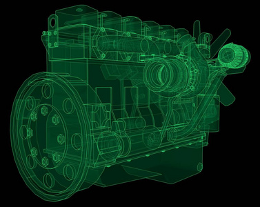 一个大的柴油发动机与卡车描绘在轮廓线上的图表纸。黑色背景上绿线的轮廓