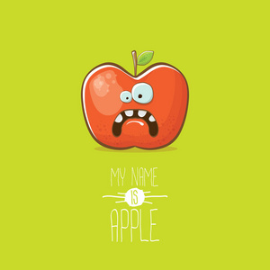 矢量滑稽卡通可爱的红色苹果字符在绿色背景下隔离。我的名字是苹果向量概念。超级时髦的水果食品字符