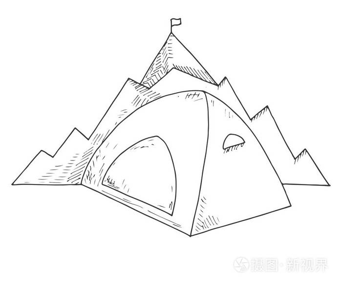 山为背景的帐篷导航标志象征标志山野营手素描样式绘制的矢量的图