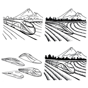 茶山图高速列车在山的背景下穿过茶田照片