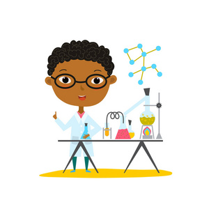 最年轻的科学家孩子在做化学实验手里拿着烧瓶和试管.