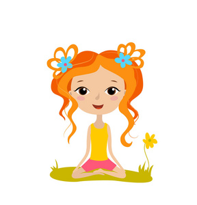 漂亮的小女孩在莲花位置练习瑜伽。冥想和放松海报。矢量插图