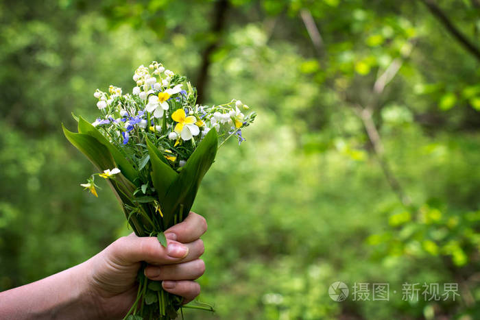 一束百合花的山谷和森林紫罗兰在一个女人的手