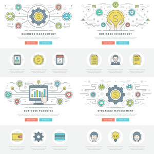 平线业务概念设置矢量插图。 现代细线性笔画矢量图标。 用于网站图形信息图形设计宣传材料。