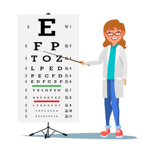 女性眼科的载体。医学眼科诊断。临床医生和眼科检查表。近视视力检查诊断。视力检查。医学概念。独立平板卡通插图