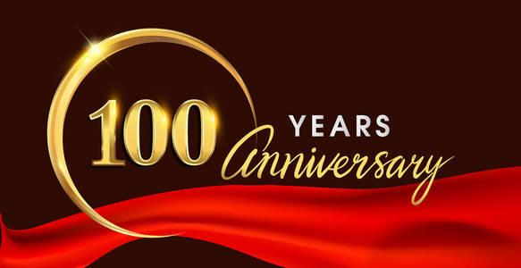 为庆祝生日贺卡和邀请卡设计了带有红色丝带上金色戒指的100周年纪念