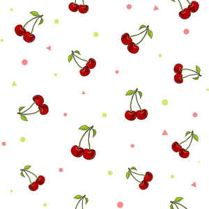 在白色背景上用五颜六色的五彩纸屑在叶柄上的一对多汁樱桃的图案集。矢量插图