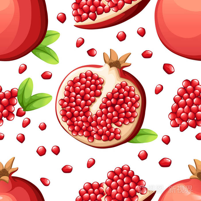 石榴的无缝图案和石榴的新鲜种子.打开的石榴的向量例证.