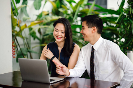 两个微笑的商人律师顾问等或夫妇微笑的中间讨论笔记本电脑在办公室的背景绿色植物的肖像。 他们专注于笔记本电脑。