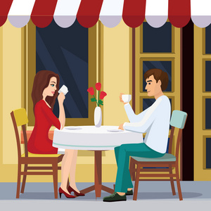 矢量插图可爱的情侣正在咖啡馆里喝咖啡。一个男人和一个女人坐在一张桌子外的一个平面上的餐厅