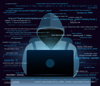 矢量插图黑客与膝上型电脑, 黑客互联网上深蓝色背景, 计算机安全概念, 电子邮件垃圾邮件与代码在平面风格