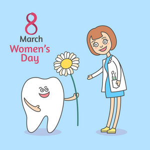 s Day March 8. Cartoon tooth holding a flower daisy and gives it