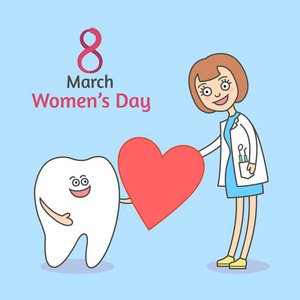 s Day March 8. Cartoon tooth holding a heart and gives it to den