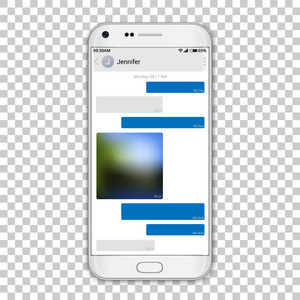 聊天信使在电话屏幕上, 矢量插图。高详细质量的白色智能手机样机与聊天应用程序截图