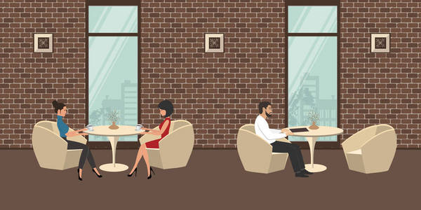 餐馆里的人。 两个年轻的女人坐在另一张桌子旁，一个男人。 在砖墙背景上有白色家具的咖啡馆的内部。 矢量图。