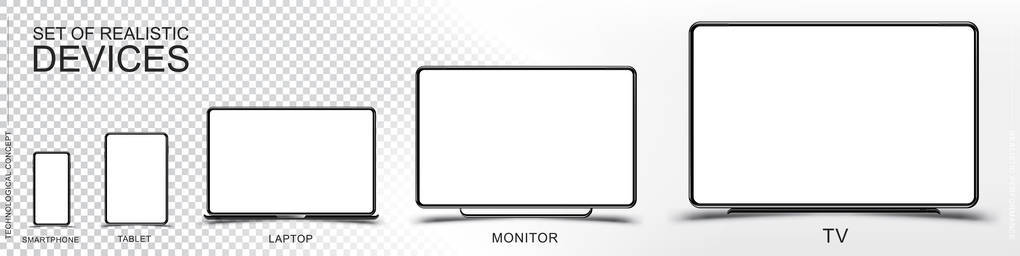 设置真实设备的模拟。智能手机, 平板电脑, 笔记本, 显示器和电视的透明和白色背景。平面矢量 Eps 10