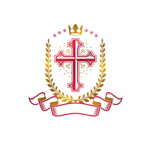 基督教十字金徽是用皇家皇冠月桂花圈和豪华丝带创造的。纹章纹章纹章纹饰孤立矢量插图.宗教和灵性的象征..