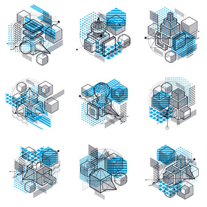 三维抽象矢量等距背景。立方体，六边形，正方形，长方形和不同抽象元素的布局..病媒收集。
