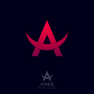 战神阿瑞斯的标志. 希腊战神的徽章. 红色字母a有公牛角.照片