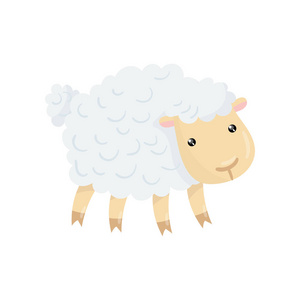 耳朵卡通人物的可爱的家养绵羊, 闪闪发亮的眼睛, 小耳朵和蓬松的羊毛