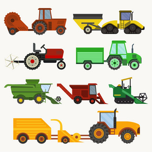 矢量农用车收割机机组合挖掘机集不同类型农用收割机机, 配以犁割植收割