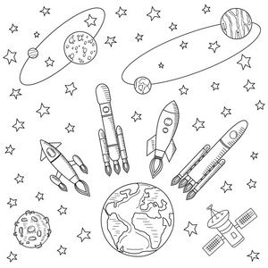 画卫星太空船从地球飞向其他行星. 行星和卫星火箭飞向太空.