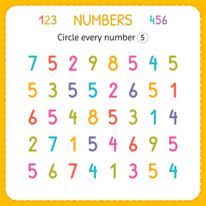 圈每个数字五。孩子的数字。幼儿园和学前班工作表。编写和计数数字的培训。儿童练习