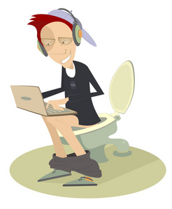 微笑的年轻人工作或玩电脑坐在马桶上的插图.