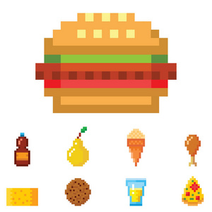 像素艺术食品电脑设计图标矢量插图餐厅像素元素快餐复古游戏网页图形