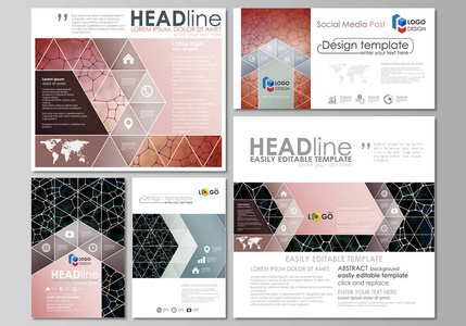 社会媒体集。商业设计模板。矢量布局中流行的格式。化学模式，分子的纹理，多边形的分子结构，单元格。医学 科学 微生物学概念